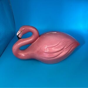 Pink Flamingo Pottery Bank Laying Down Resting Vintage Mid Century 4 Inches Tall